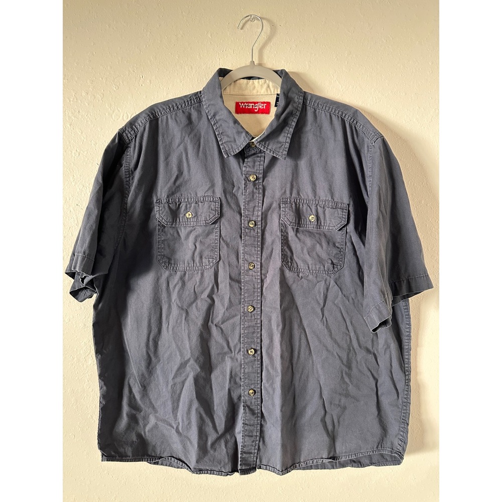 Wrangler Mens Navy Blue Short Sleeve Button Down Work Shirt XL 100% Cotton